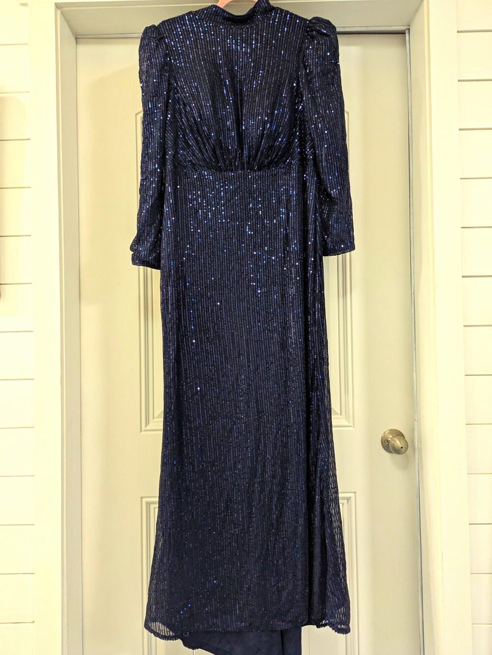 SUPGIR 0XL Navy Blue Sequin Lined Maxi Dress High Neck Puff, OXL-14 Long Sleeve